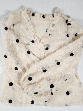 Polka Dot Women's L Blouse Ruffle V-Neck Textured Eyelash Fringe